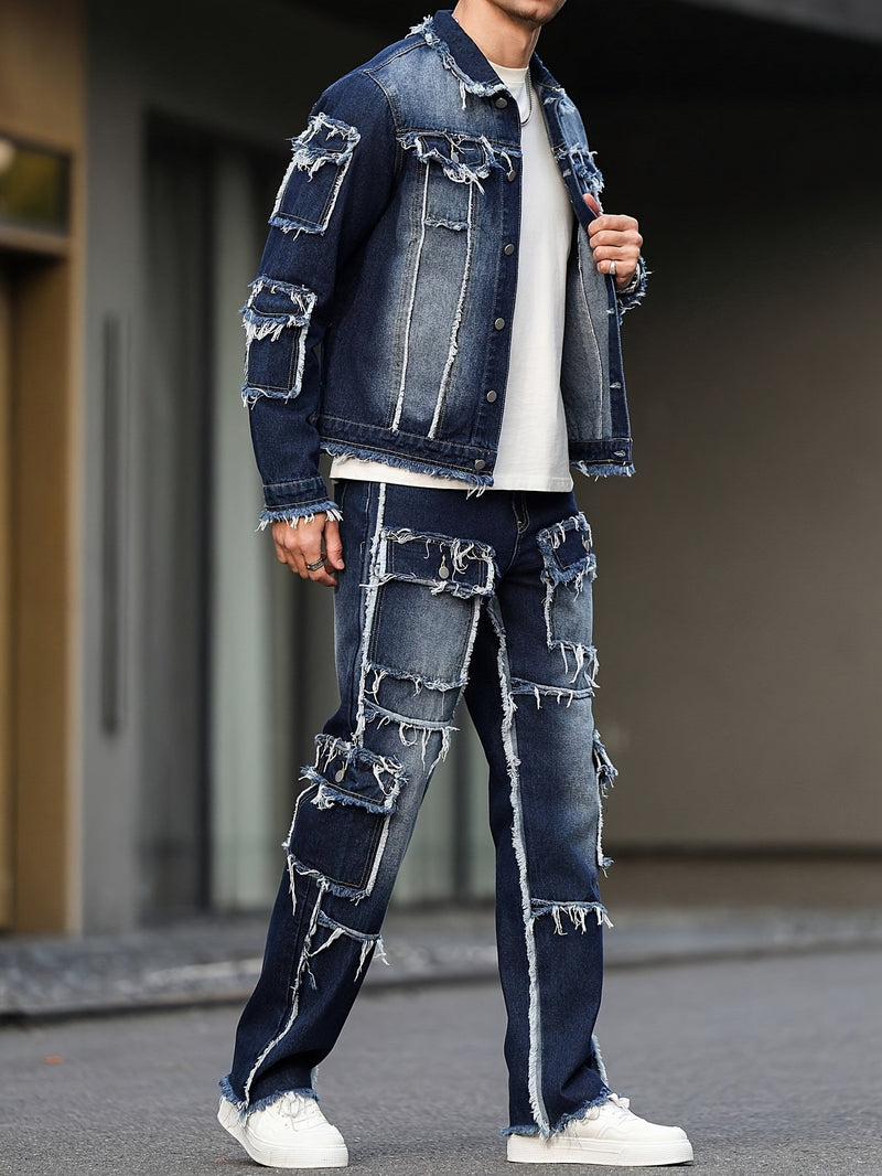 Men's High Street Style Distressed Raw Hem Patchwork Denim Set.