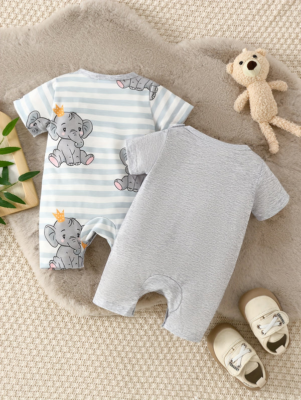 Two Sets of Baby Short-Sleeve Bodysuits with Elephant Patterns.