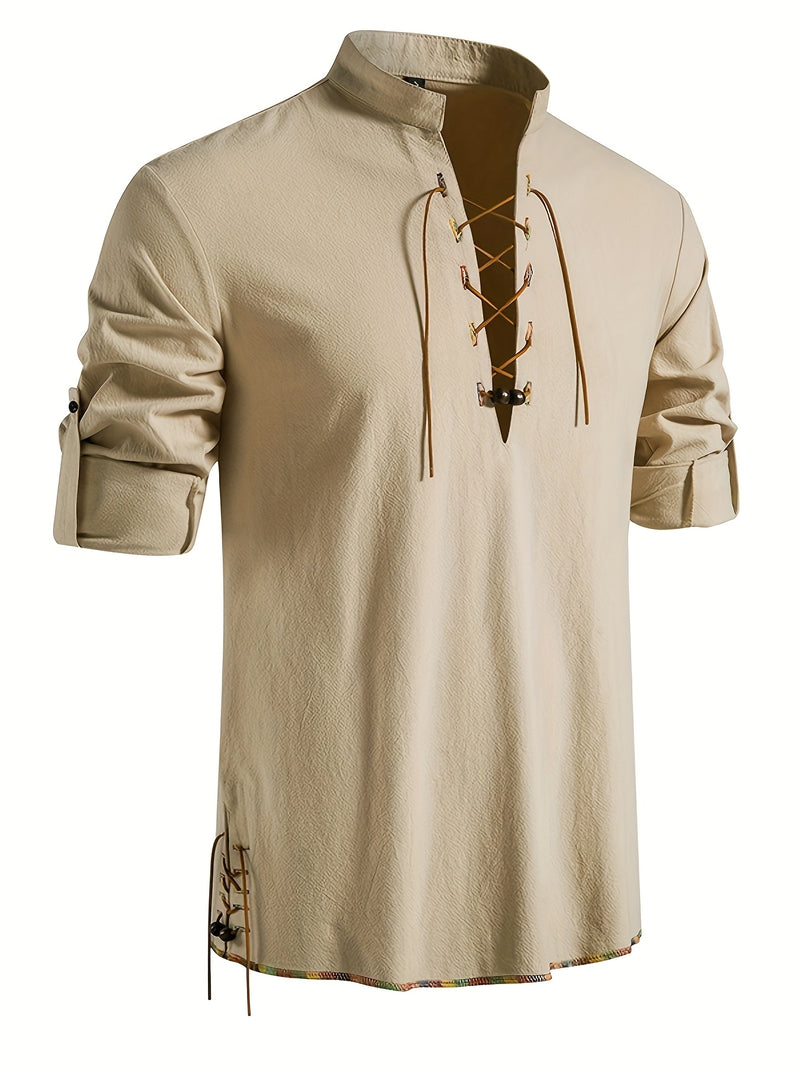Men's Henley Shirt Long Sleeve Casual Beach Stand Collar Shirt.