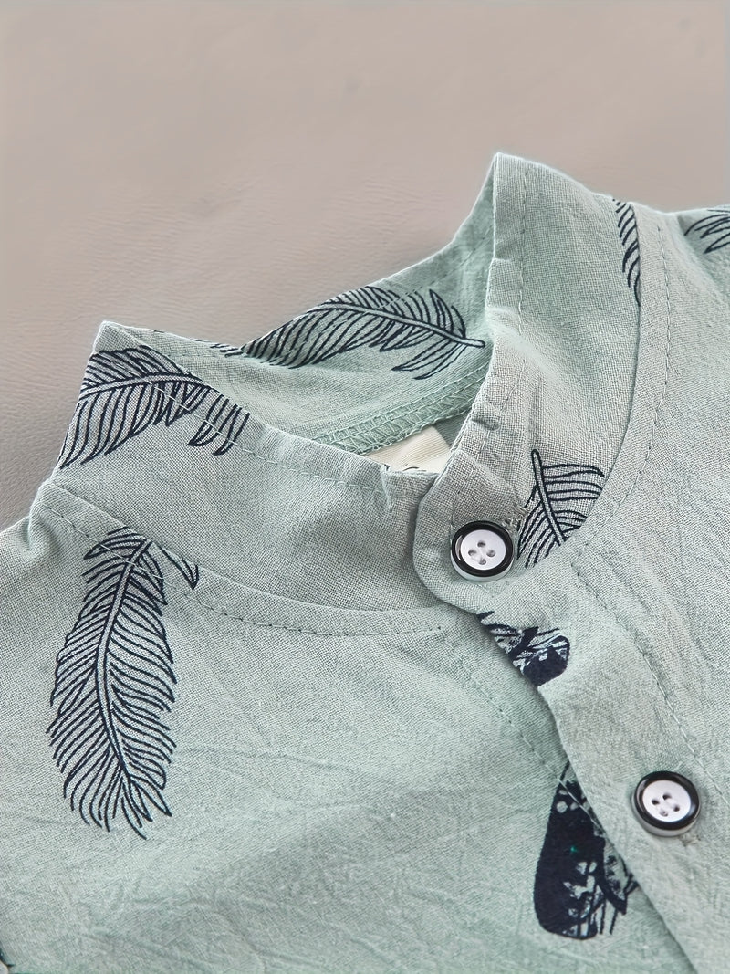 2pcs Boys' Casual Feather Shirt and Shorts Set Vibrant Yellow with Blue Accents.