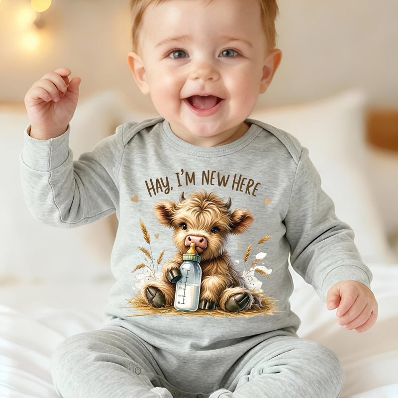 Hay I'M New Here Cartoon Pattern Print New Baby Footed Romper Four Seasons.