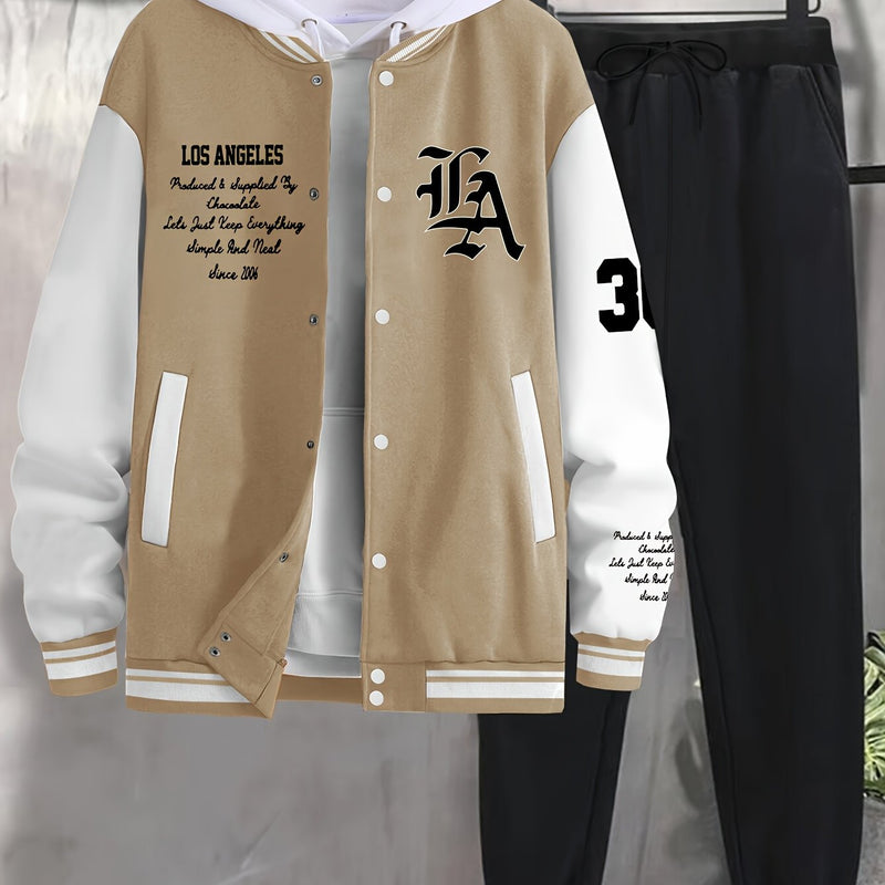 Men's 2pcs Baseball Jacket and Sweatpants Set with Overlapping.