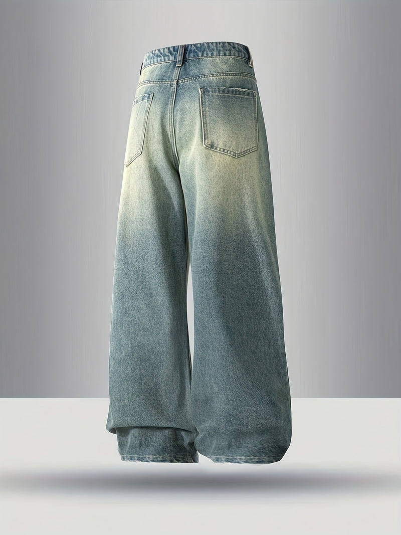 Men's Black Wide-Leg Loose-Fitting Jeans That Drag on The Ground.