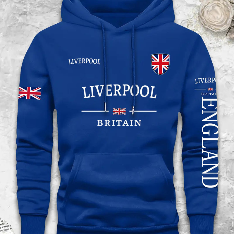 Men's Casual Versatile -Lined Hooded Sweatshirt with British Flag Print.