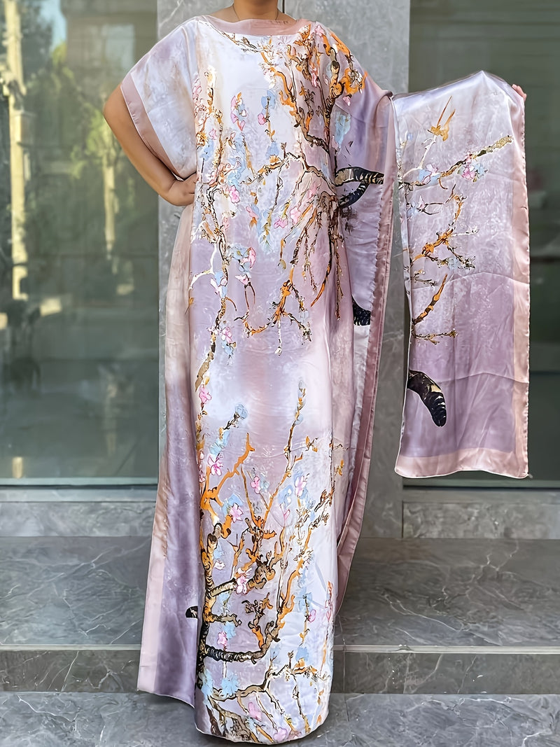 Women’s Floral Pattern Longline Dress, Elegant Short Sleeve Crew Neck Dress.