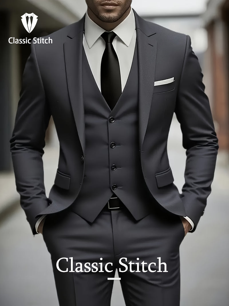 Men'S Three-Piece Suit with a Sophisticated Notch Lapel, Suitable for Weddings.