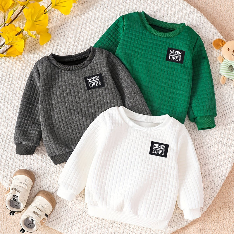 3pcs Set Boys Long Sleeve Sweatshirt, Textured Bubble Plaid Sweatshirt.