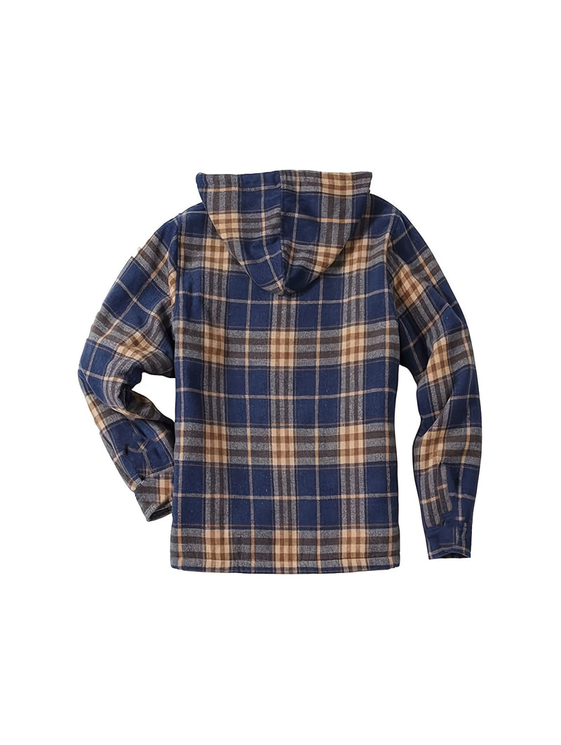 Men's Warm Jacket with Sherpa Lining, Plaid Hooded Zip-Up Winter Coat.