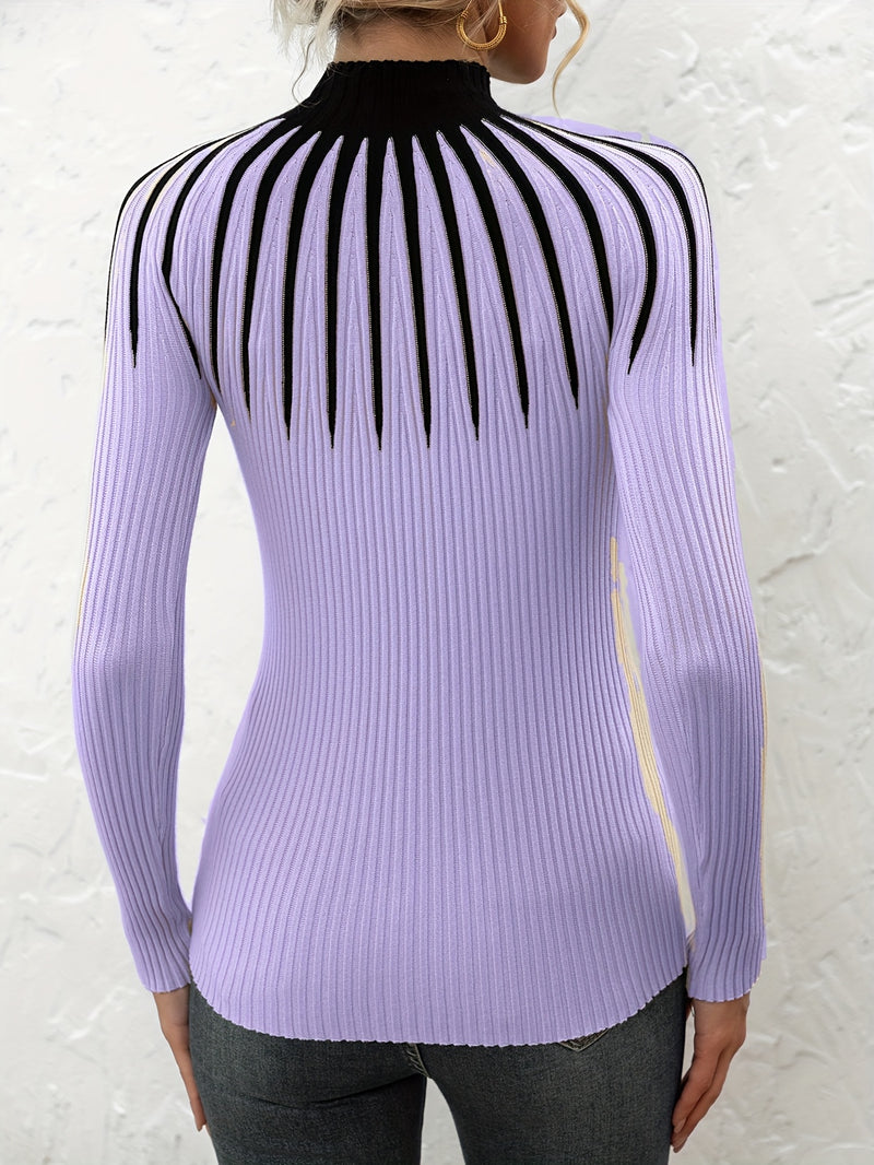 Women's Color Block Ribbed Elegant Long Sleeve Pullover.
