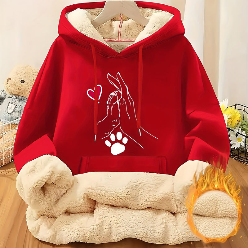 Women's Cozy Fleece-Lined Hoodie with Heart & Paw Print Design.