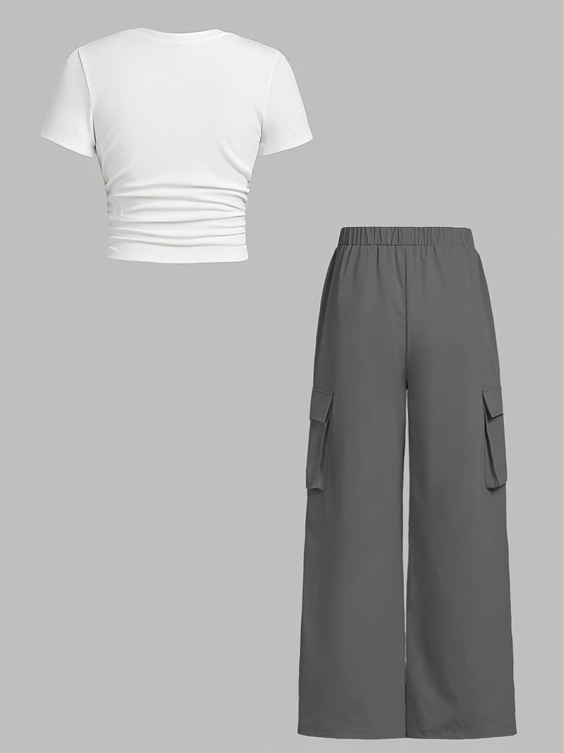 Directional Round Neck Short Sleeve T-Shirt and Work Pants Set.