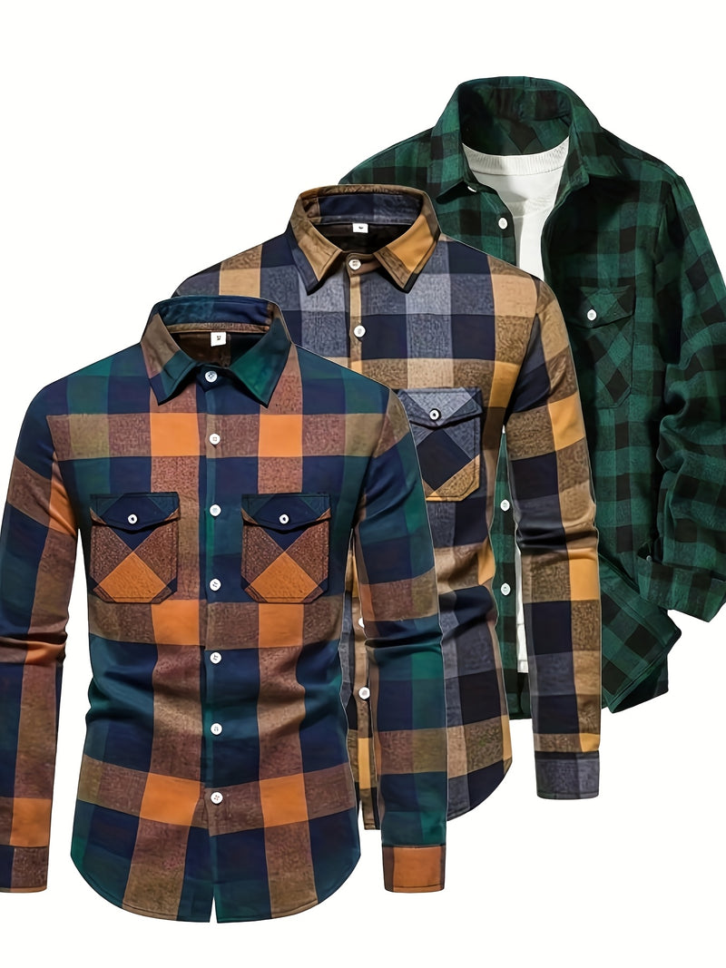 3pcs Men's Plaid Shirt Top with Turn- Collar Long Sleeve Button-Up.