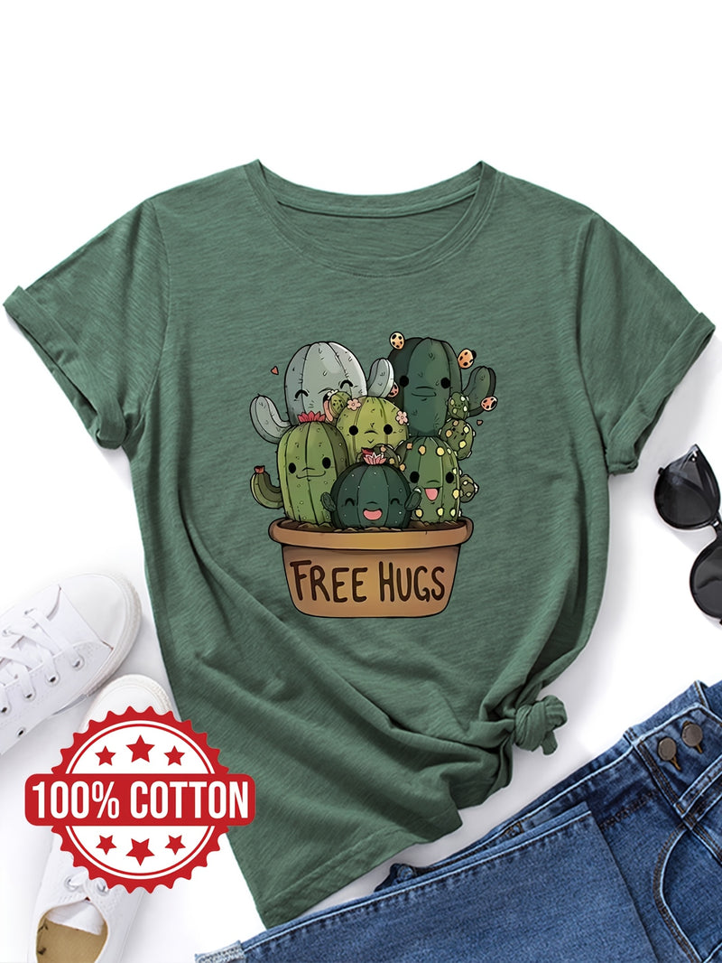 Women's "Free Hugs" Slogan T-Shirt.