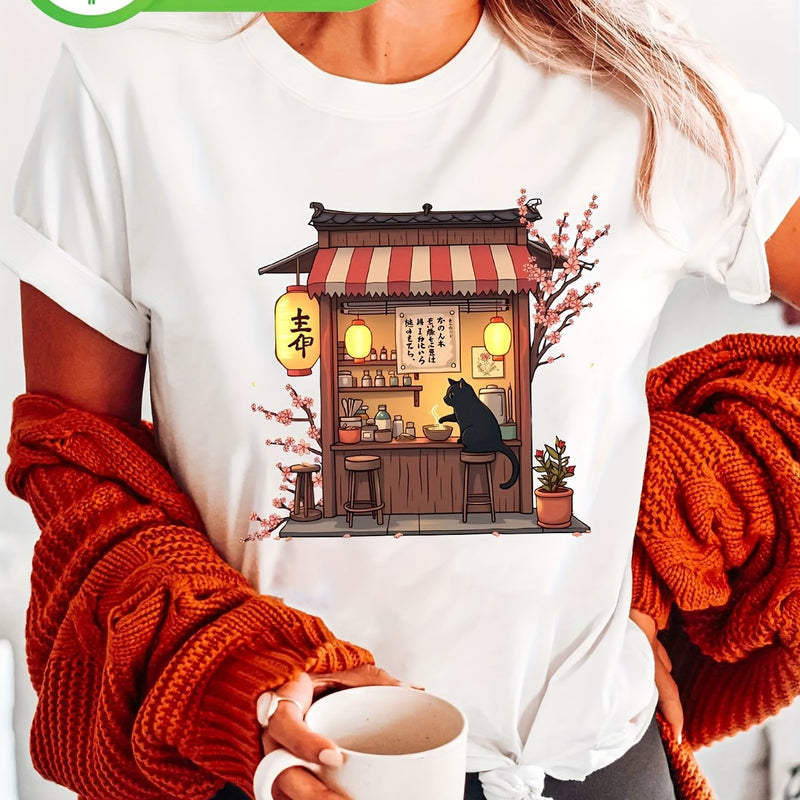 Women’s Cute Black Cat Eating Ramen Anime Print T-Shirt.