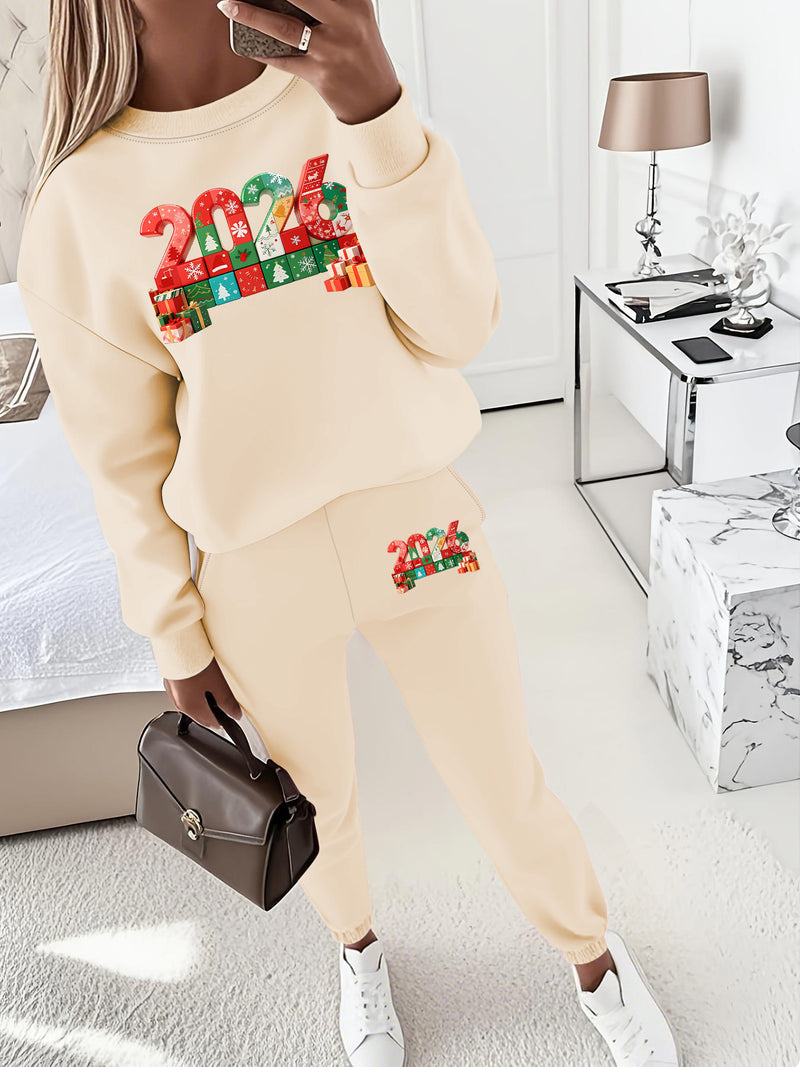 Women's Pullover Round Neck Sweatshirt And Tapered Pants Two-Piece Set.