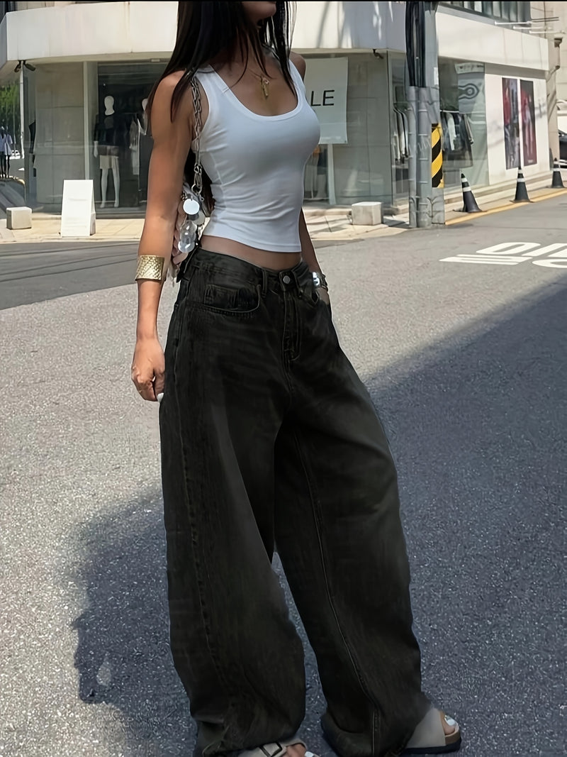 A Pair of Loose-Fitting Black And Gray Wide-Leg Pants for Women.