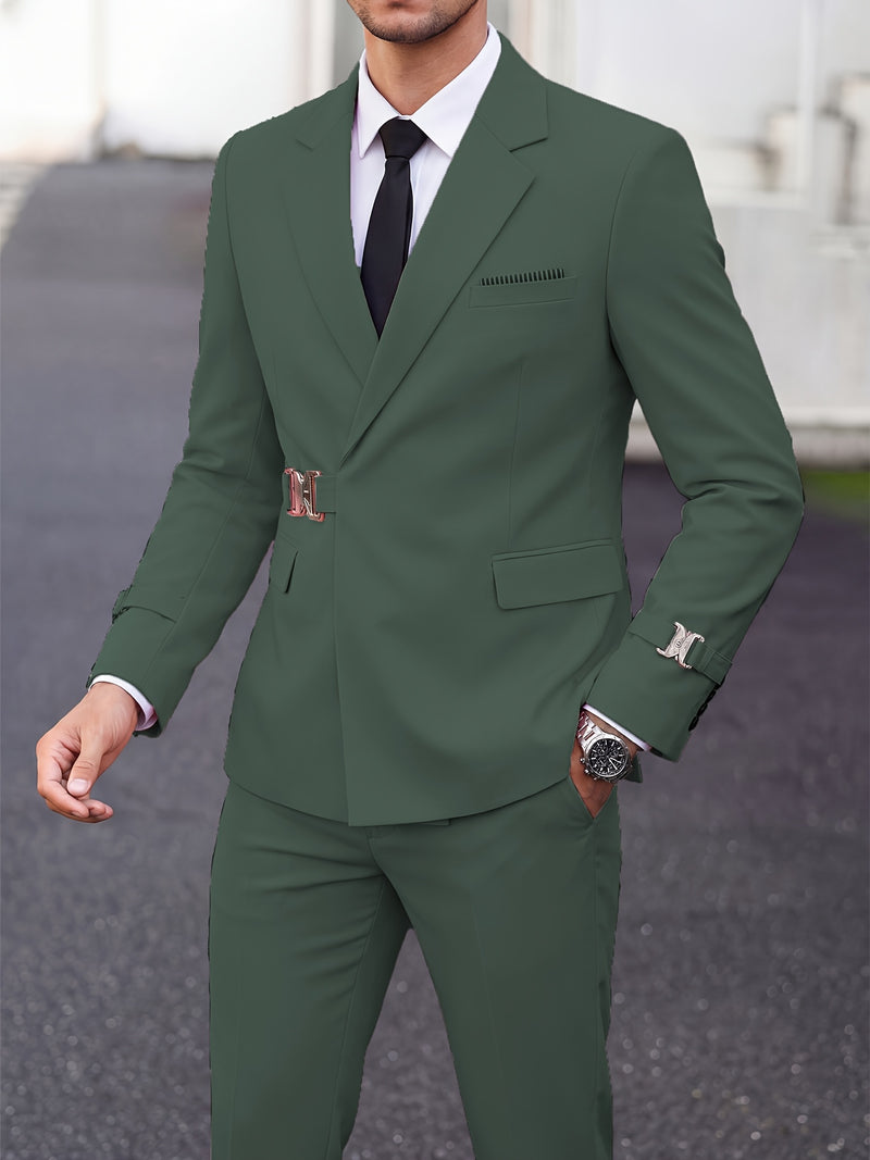 Men's 2pcs Suit Slim Fit Solid Jacket and Pants Set.