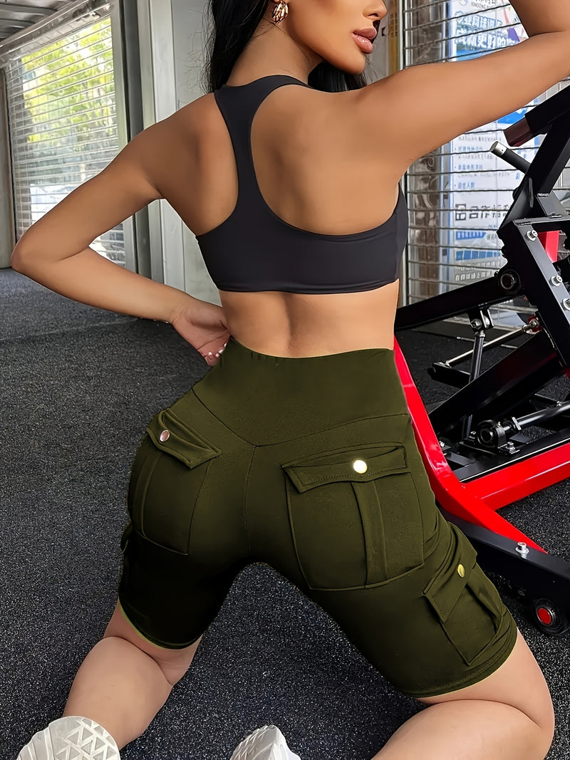 High-Waist Women's Solid Color Athletic Yoga Cargo Shorts for Exercise & Fitness.