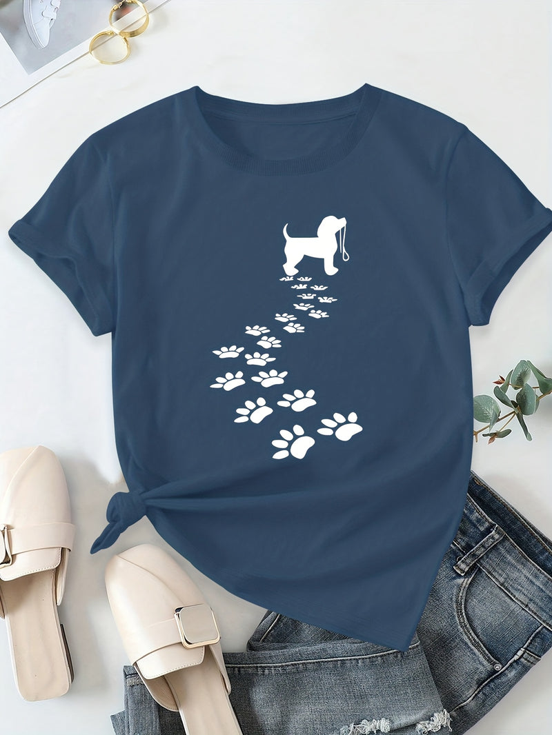 Women's Casual Short Sleeve T-Shirt with Dog Silhouette & Paw Print Graphic.