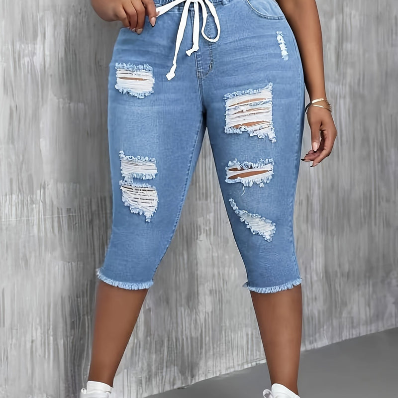 Women's Stretchy Elastic Waist Ripped Denim Shorts.