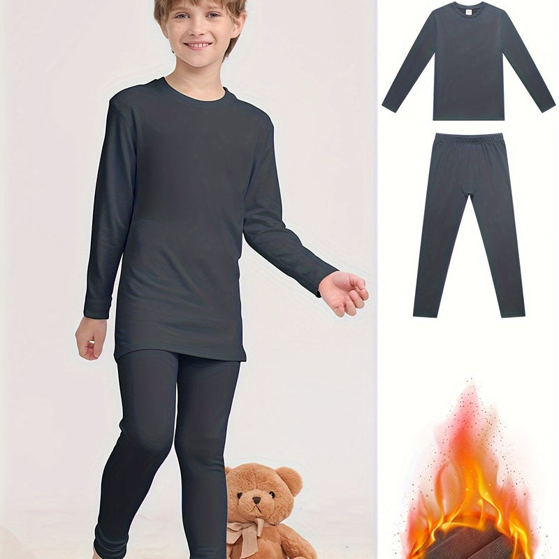 Warm Clothing Set for Boys, Featuring a Solid Color.