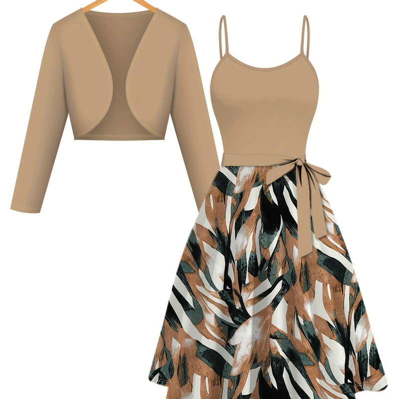 Two-Piece Women's Outfit Featuring a Stylish Solid Color Cardigan.