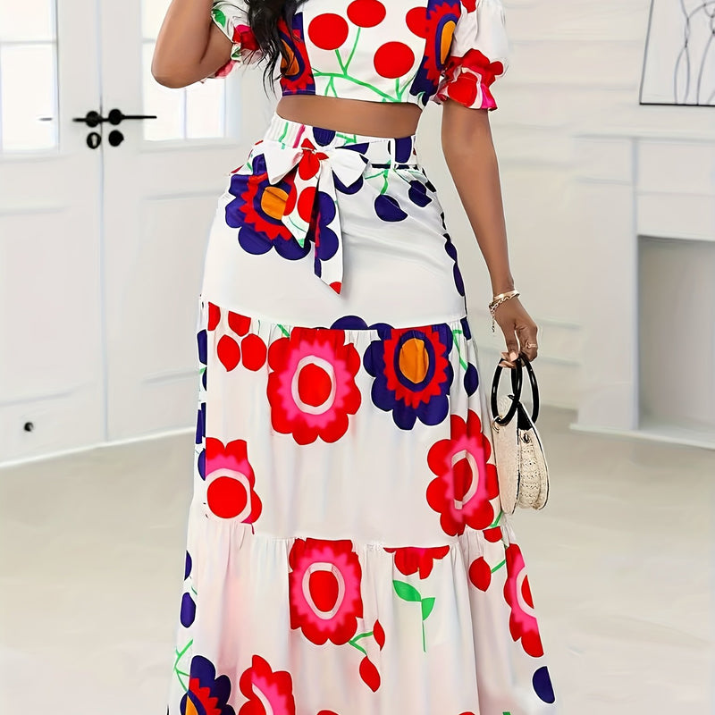 Women’s European And American Style Floral Print Skirt Set.