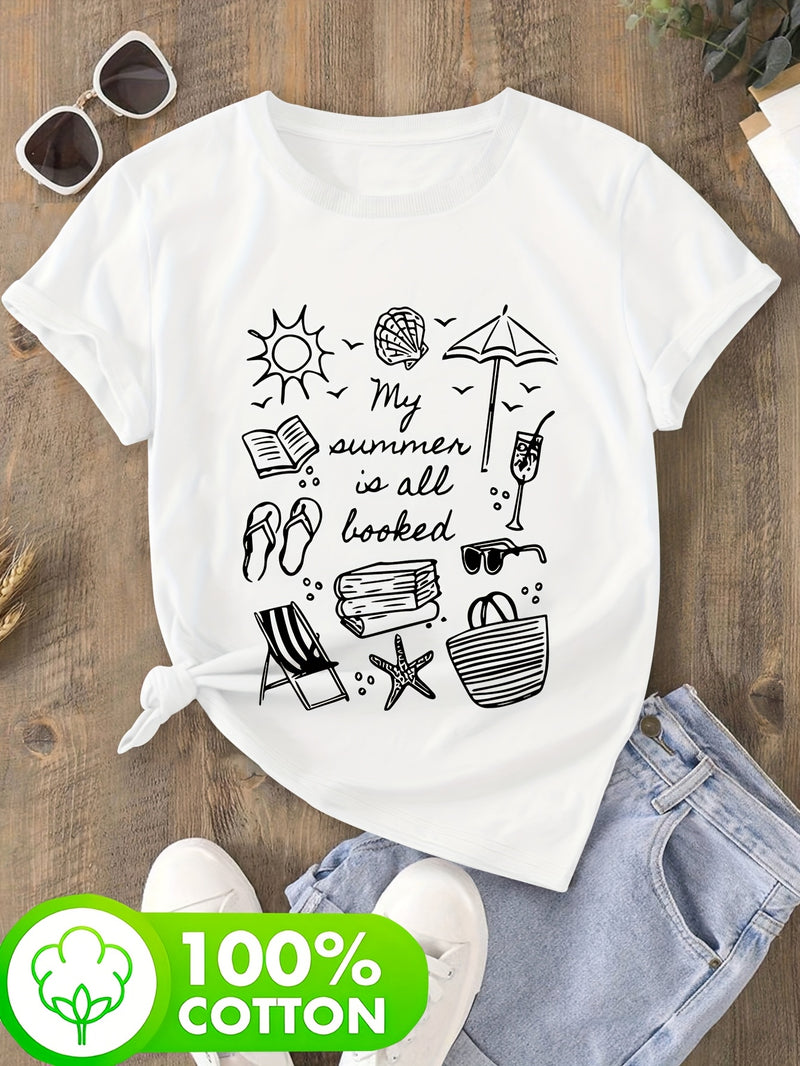Women's Casual T-Shirt - Beach & Book Lovers Graphic Print.