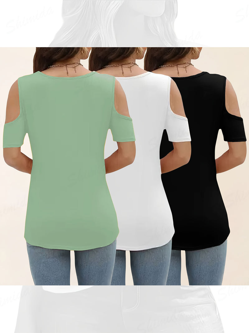 Three-Piece Summer Off-Shoulder Short-Sleeve T-Shirt for Women.