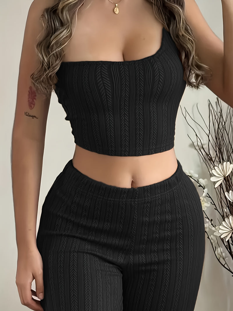 Women’s Black 2pcs Set, One-Shoulder Vest + Long Pants Casual Suit.