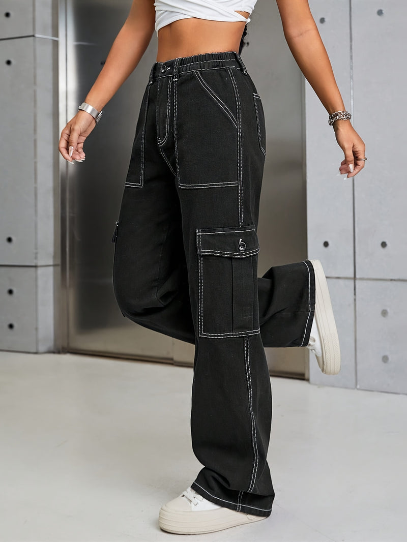 Women's Autumn And Winter Washed Black Slim-Fit Denim Work Pants.