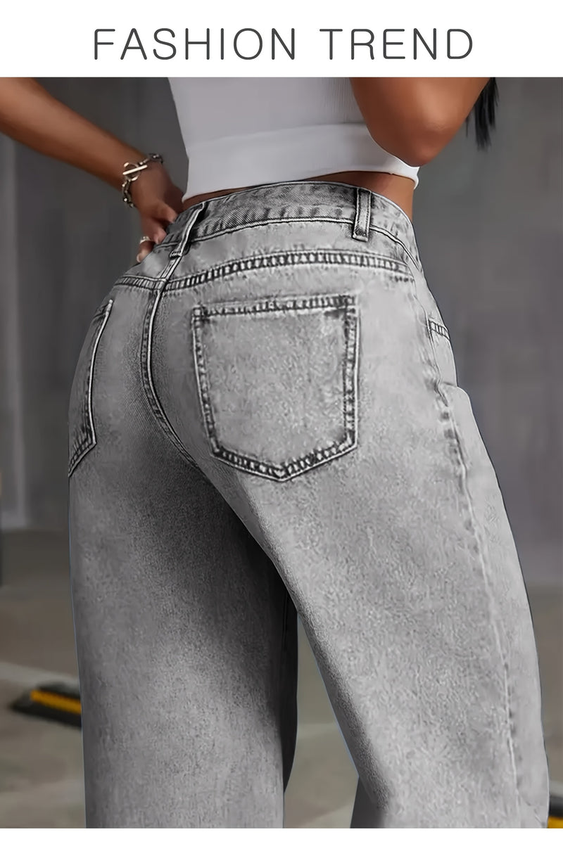 Women's New Stretch Straight Jeans, Wide-leg Jeans with Pockets.