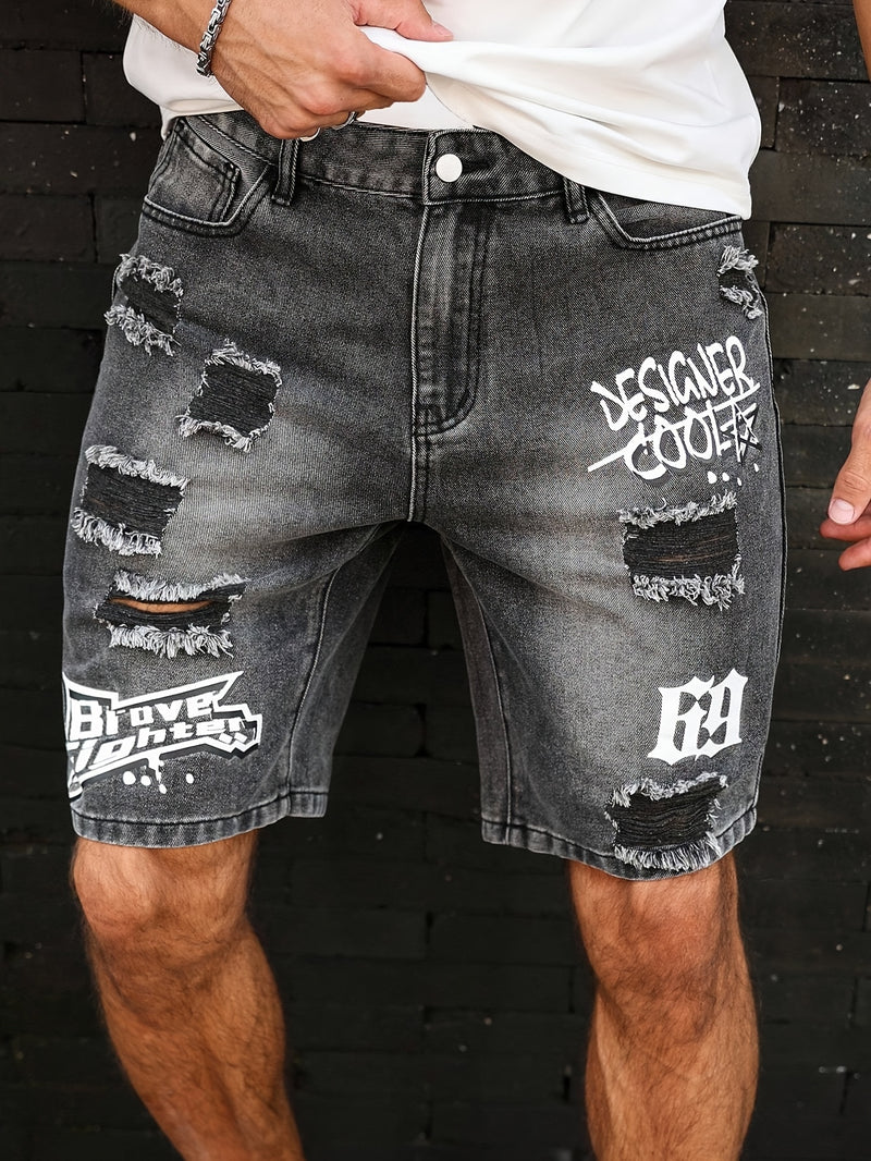 Men'S Casual Distressed Denim Shorts with "DESIGNER COOL" Print - Black & Gray.
