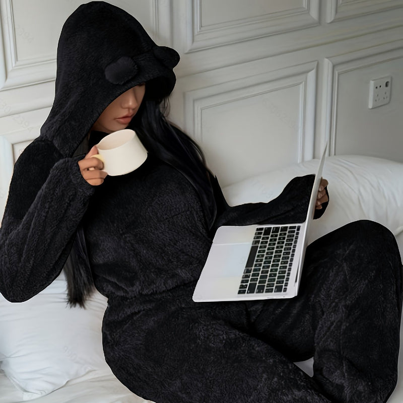 Women's Khaki Fluffy Casual Loose Double-Sided Fleece Set.