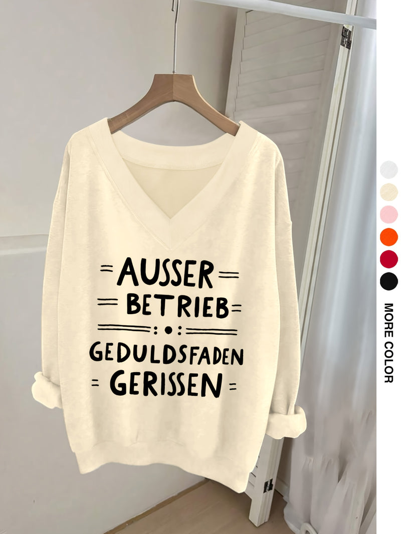 Women's Pink V-Neck Long Sleeve Sweater with German Letter Print.