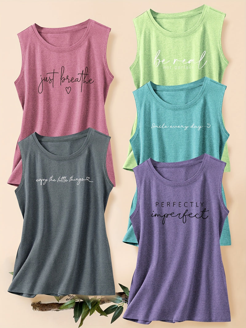 5pcs Women's Vest Tops with English Letter Print.
