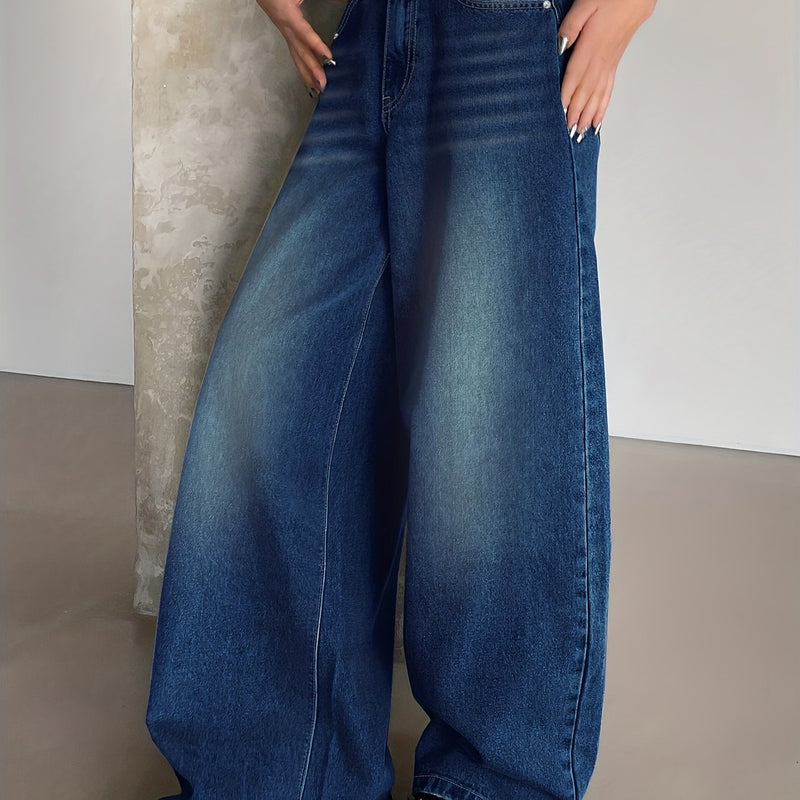 Women's New Washed Blue Wide-Leg Ultra-Long Floor-Length Ripped Loose-Fit Wide-Leg Casual Jeans.