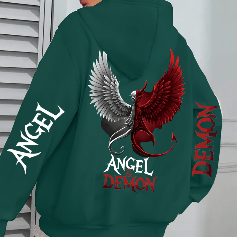 Hooded Sweatshirt with Angel and Demon Print.
