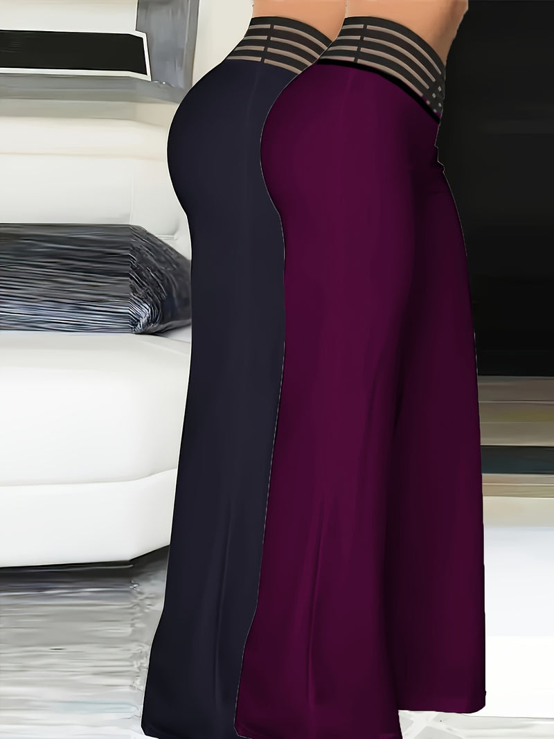 2pcs Women’s Fashion Solid Color Cross Transparent Mesh Patch High-Waisted Pants.