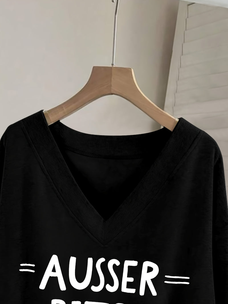 Women's Pink V-Neck Long Sleeve Sweater with German Letter Print.