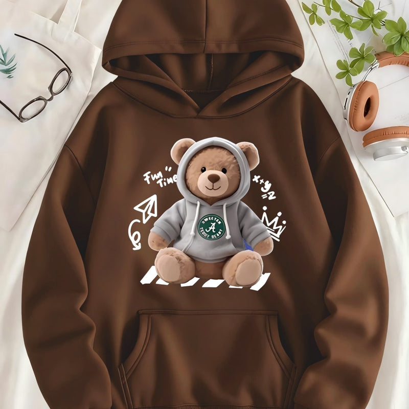 Cute Bear Printed Hoodie | Women'S Long Sleeve Hooded Sweatshirt.