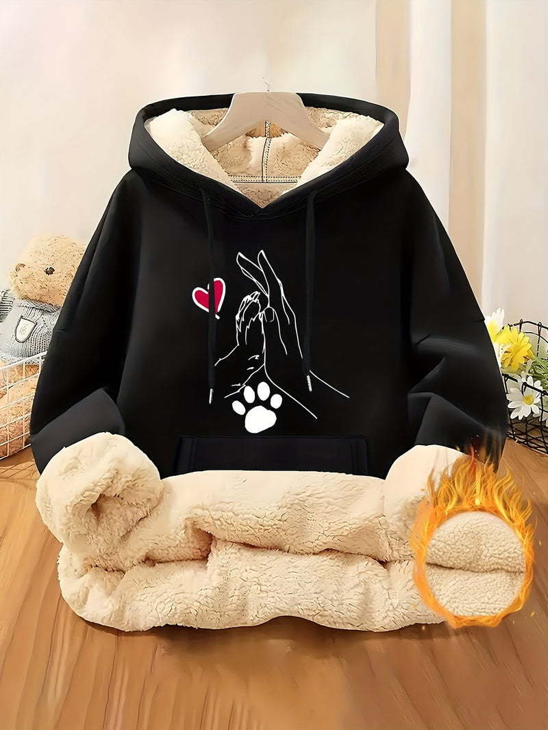Women's Cozy Fleece-Lined Hoodie with Heart & Paw Print Design.