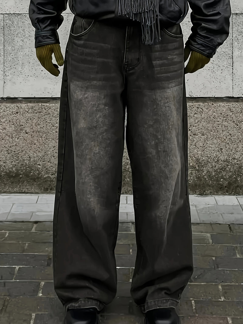 Men's Black Wide-Leg Loose-Fitting Jeans That Drag on The Ground.