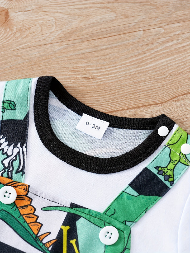 Summer Baby Romper with Cartoon Dinosaur Print And Faux Two-Piece.