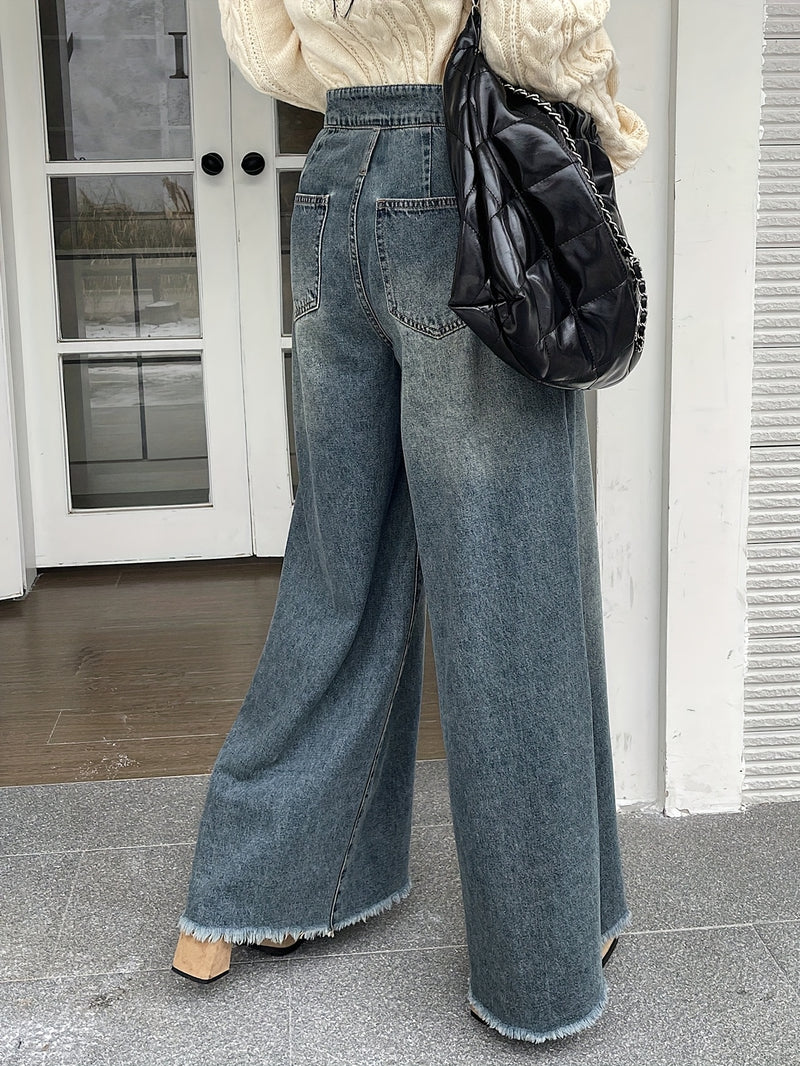 Ladies' High-Waisted Wide-Leg Loose Frayed Snowflake Denim Pants.