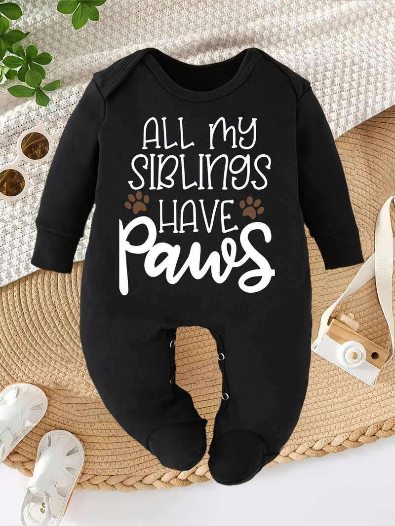 All My Siblings Have Paws Letter Print Newborn Romper Footed Bodysuit for Babies.