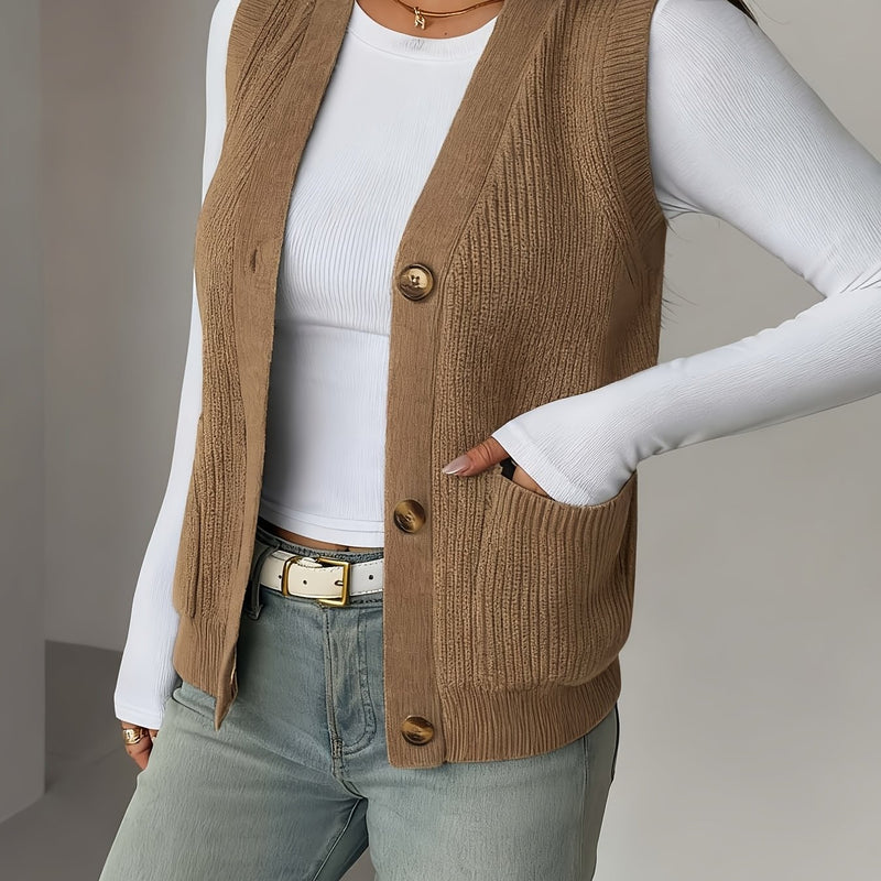 New Solid Color V-Neck Pocket Women's Sweater Vest.