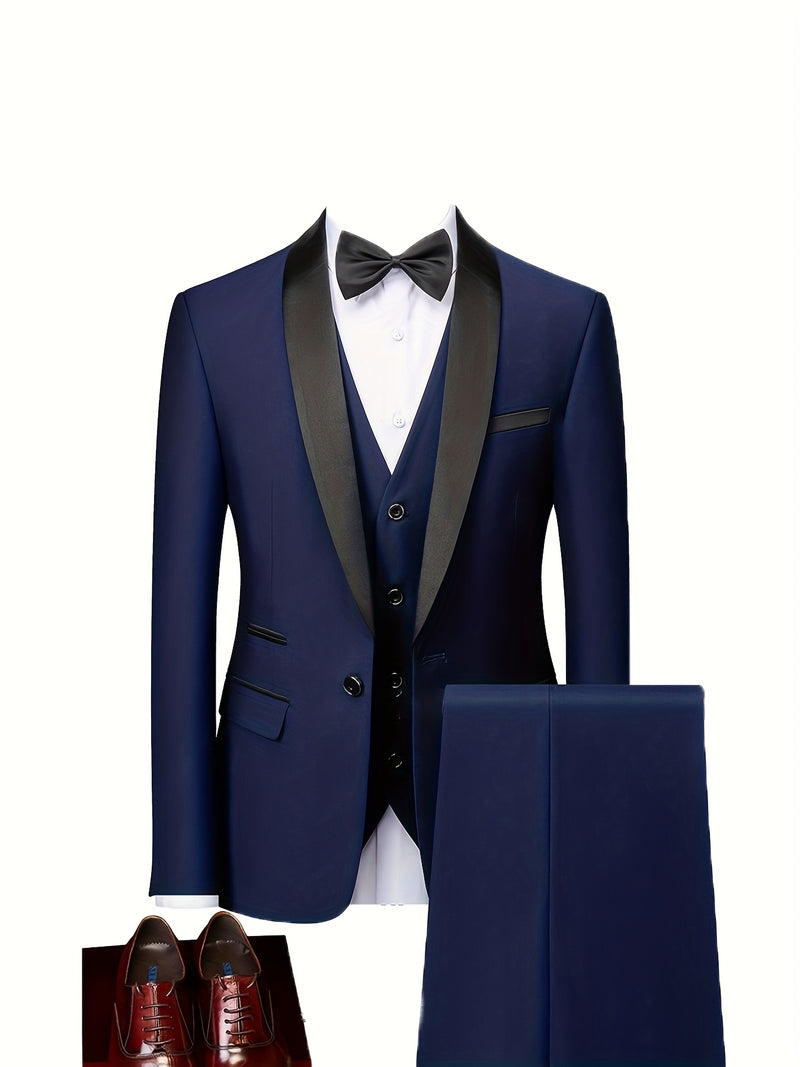 Men's 3pcs Suit with Notch Lapel, Business Formal Set, Includes Jacket.