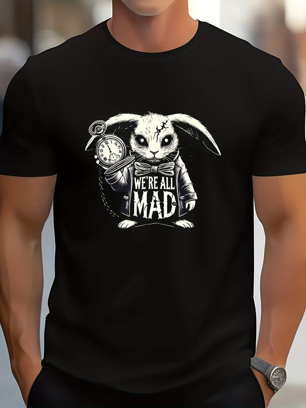 Men’s T-Shirt Featuring a Crazy White Rabbit Design.