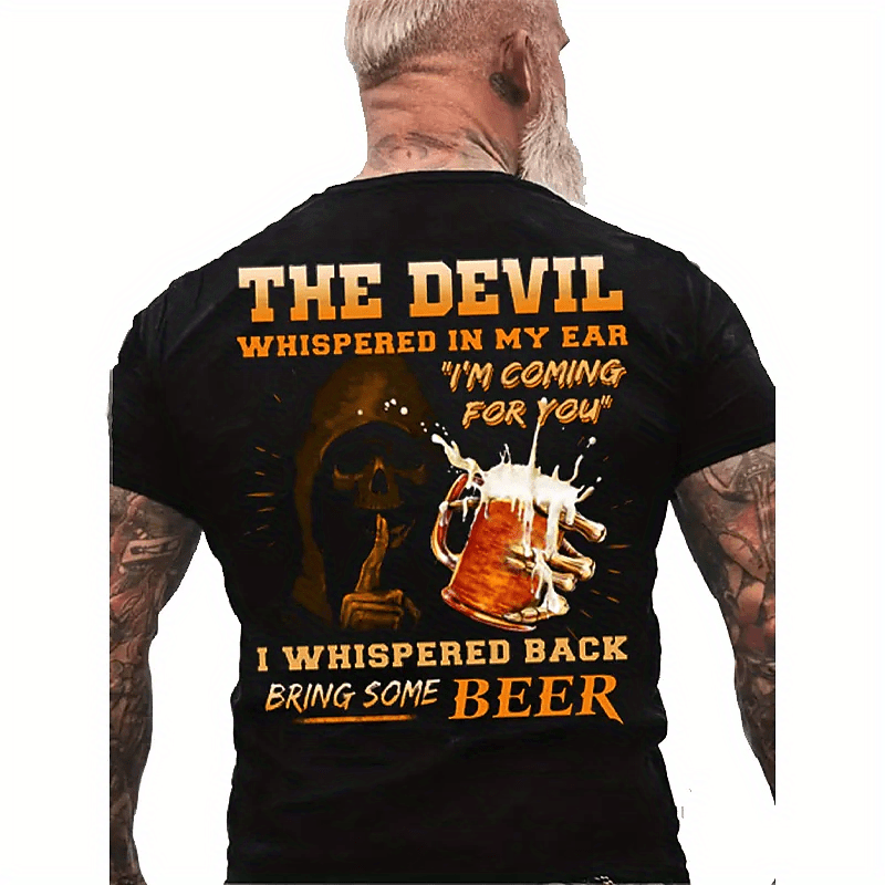 Men's T-Shirt with Slogan And Graphic, Black Crew Neck, 3D Print.